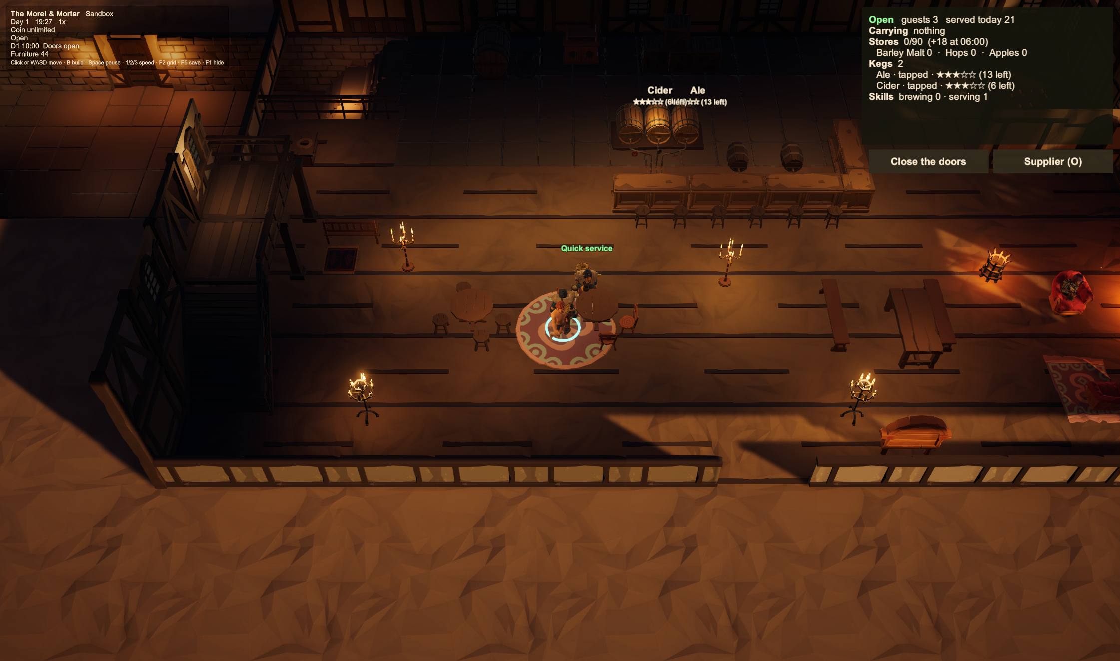 The common room in the evening with guests at a round table and kegs behind the bar