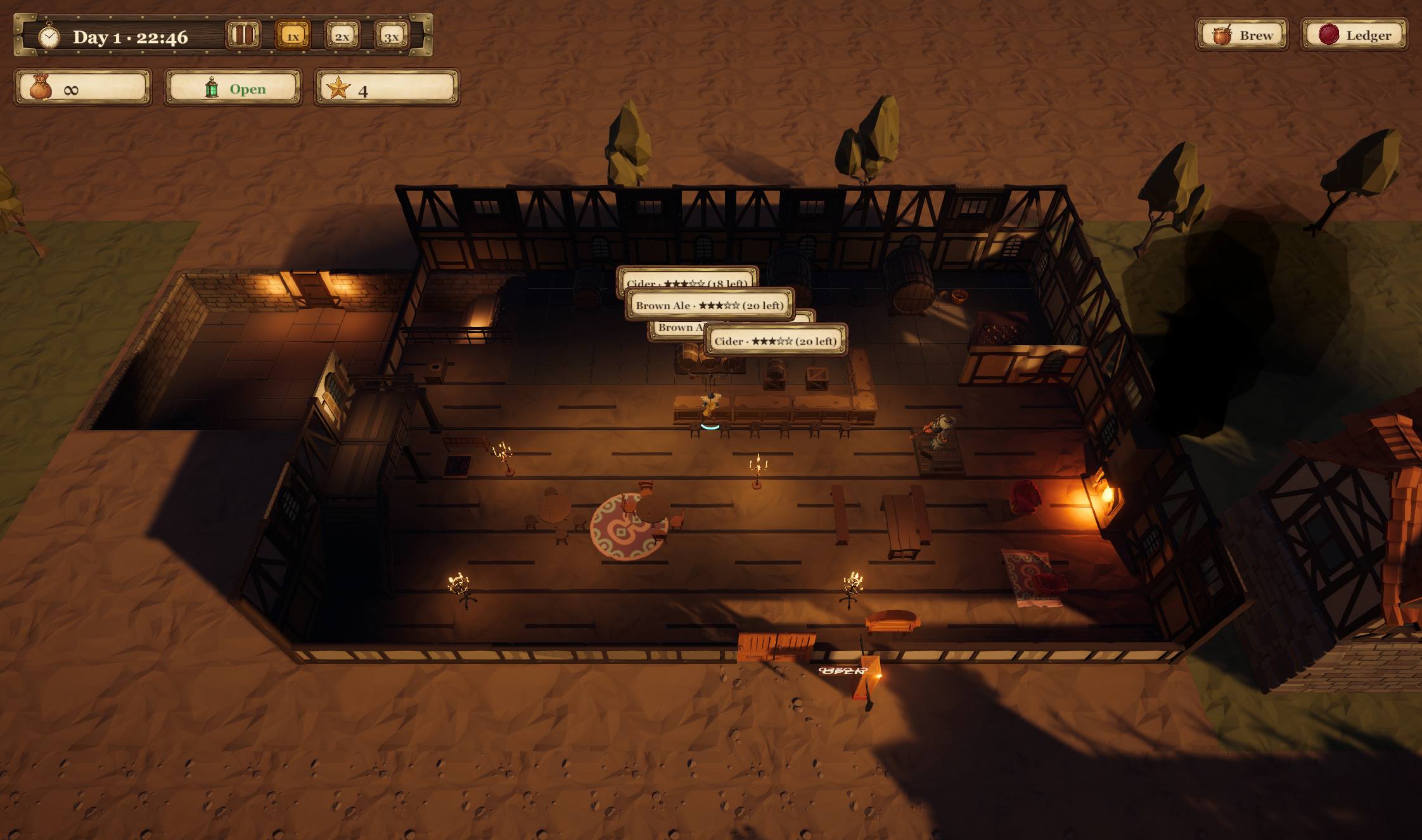 The tavern seen from above at night, candles lit, rugs and tables laid out, kegs labelled Cider and Brown Ale behind the bar