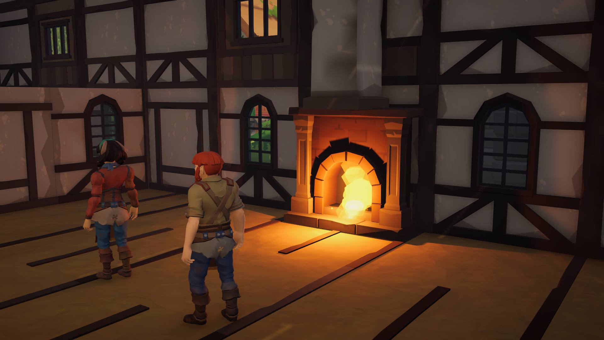 Two tavern keepers in a half-timbered hall, the stone hearth burning bright beside them