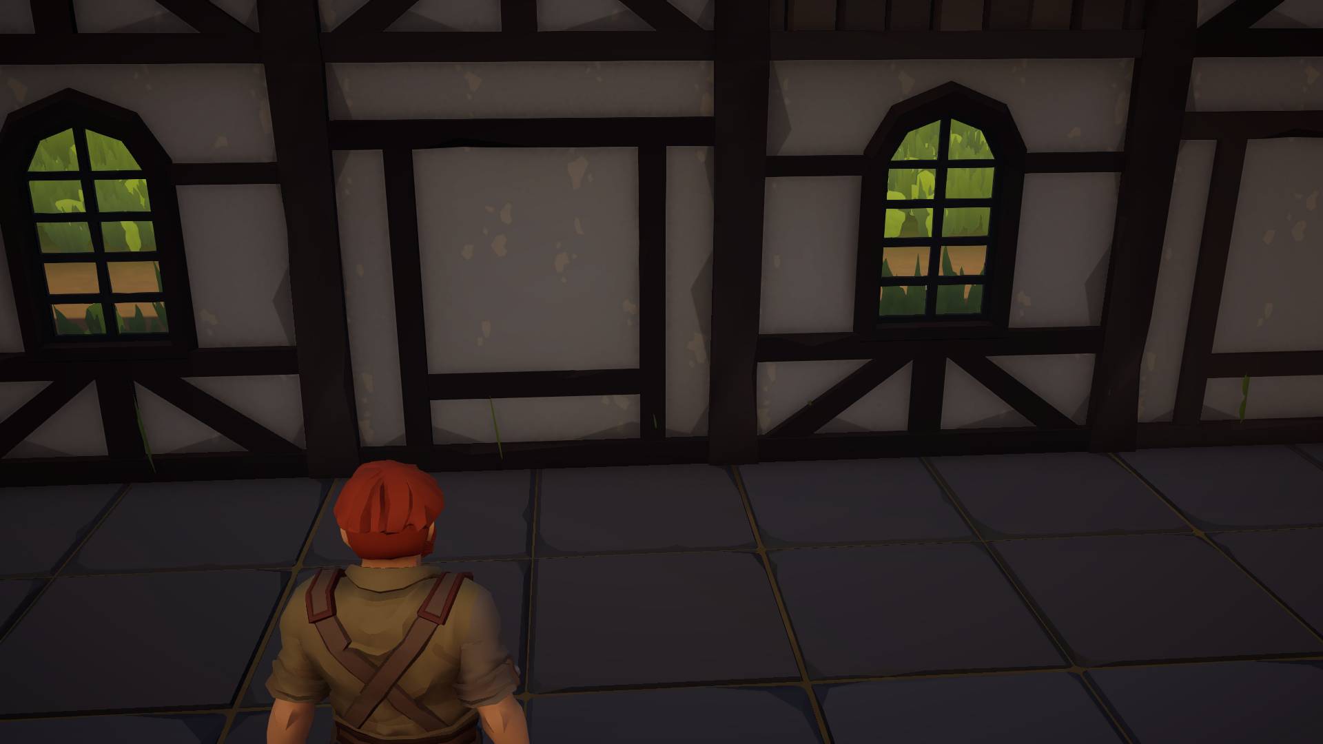 A keeper facing a timbered wall and arched windows on a flagstone floor