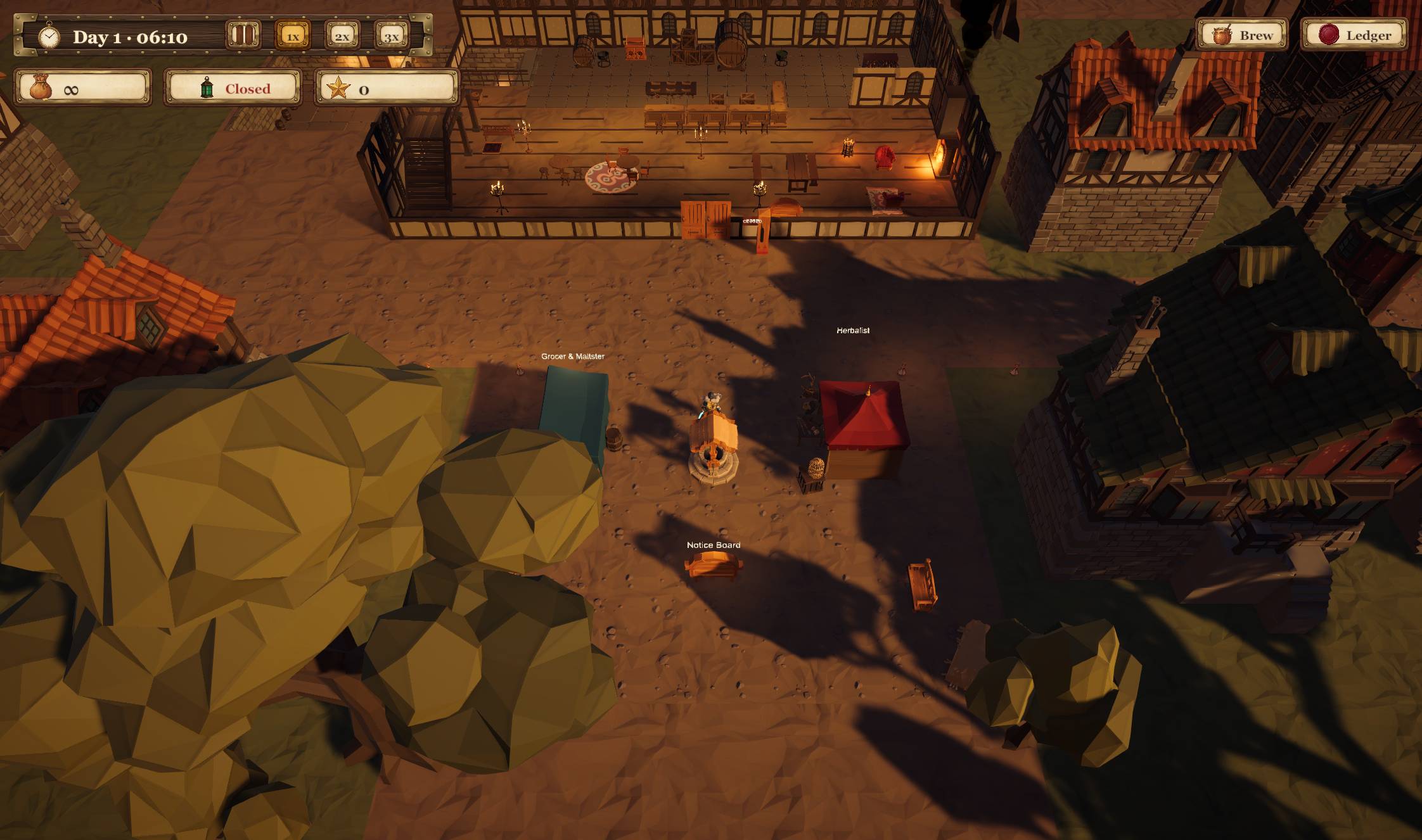 The town square from above at dawn, the tavern at the top with market stalls below